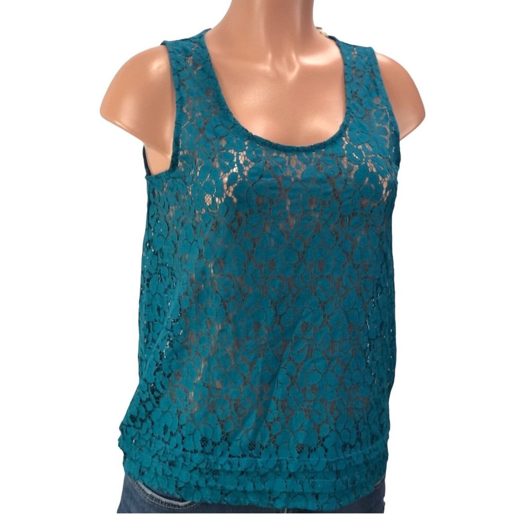 NWT Rafaella Top Womens Medium Sheer Lace Mesh Blue Floral Beach Boho Blouse… - Picture 5 of 12